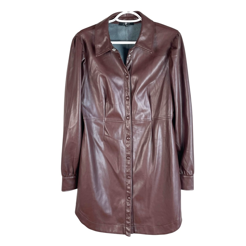 7 For All Mankind Womens Long Faux Leather Jacket Medium Brown Snaps Lined Vegan